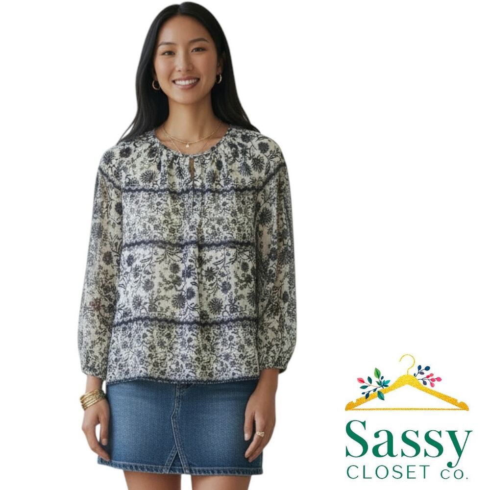 VINCE CAMUTO White Navy Floral Blouse Keyhole 3/4 Blouson Sleeve S EUC